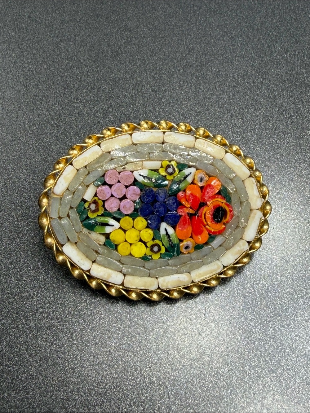 Vintage  Mosaic Oval Brooch Orange flower